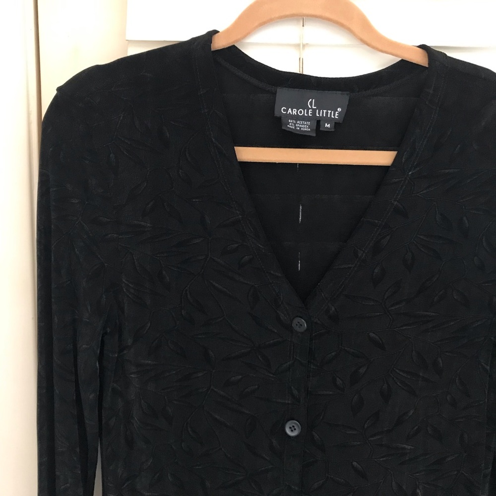 Carol Little Black Cardigan Size M Slinky Stretchy Fabric V-Neck Slits Packable